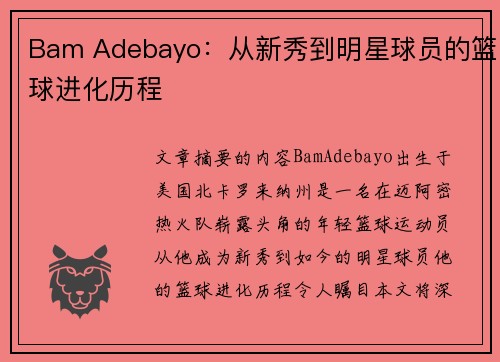 Bam Adebayo：从新秀到明星球员的篮球进化历程